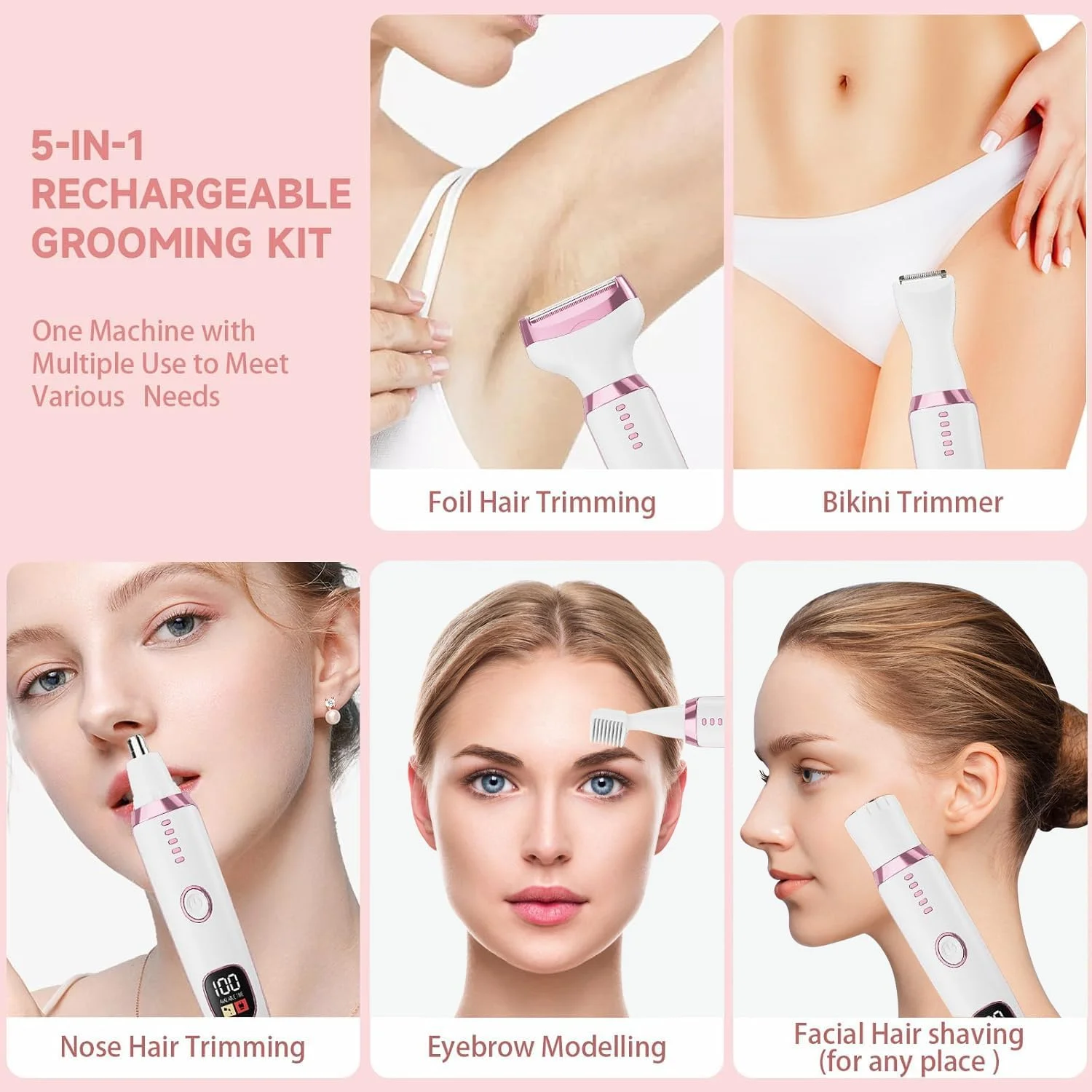 ماشین اصلاح برقی 5 در 1 زنانه AccLoo، تیغ اصلاح بدون درد و قابل شارژ بانوان، اپیلاتور مرطوب و خشک، تریمر بیکینی USB و موبر صورت برای صورت، بازوها، پاها، زیر بغل، ابروها، بینی