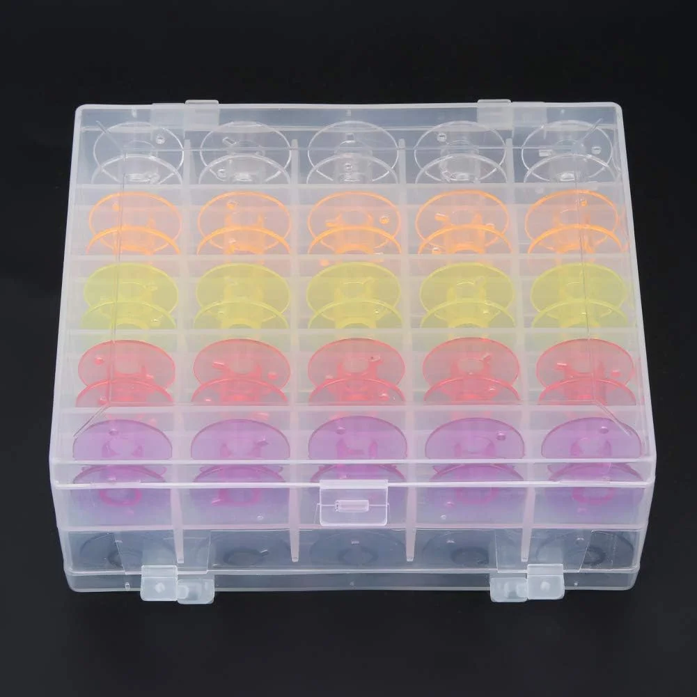 ماسوره چرخ خیاطی، 13x11x5، جعبه پلاستیکی دو طبقه 50 عددی، ماسوره های پلاستیکی شفاف رنگی، ابزار قرقره چرخ خیاطی