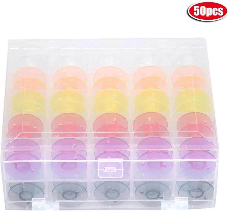 ماسوره چرخ خیاطی، 13x11x5، جعبه پلاستیکی دو طبقه 50 عددی، ماسوره های پلاستیکی شفاف رنگی، ابزار قرقره چرخ خیاطی