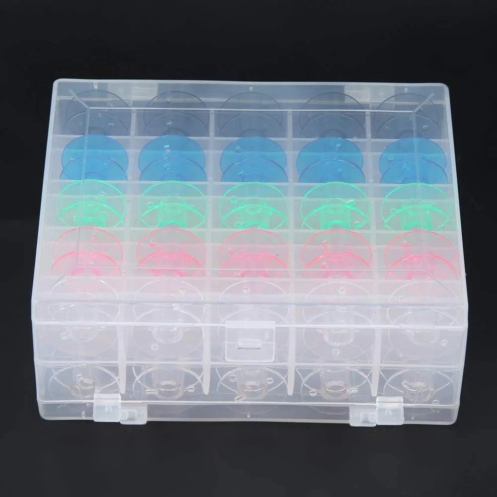 ماسوره چرخ خیاطی، 13x11x5، جعبه پلاستیکی دو طبقه 50 عددی، ماسوره های پلاستیکی شفاف رنگی، ابزار قرقره چرخ خیاطی