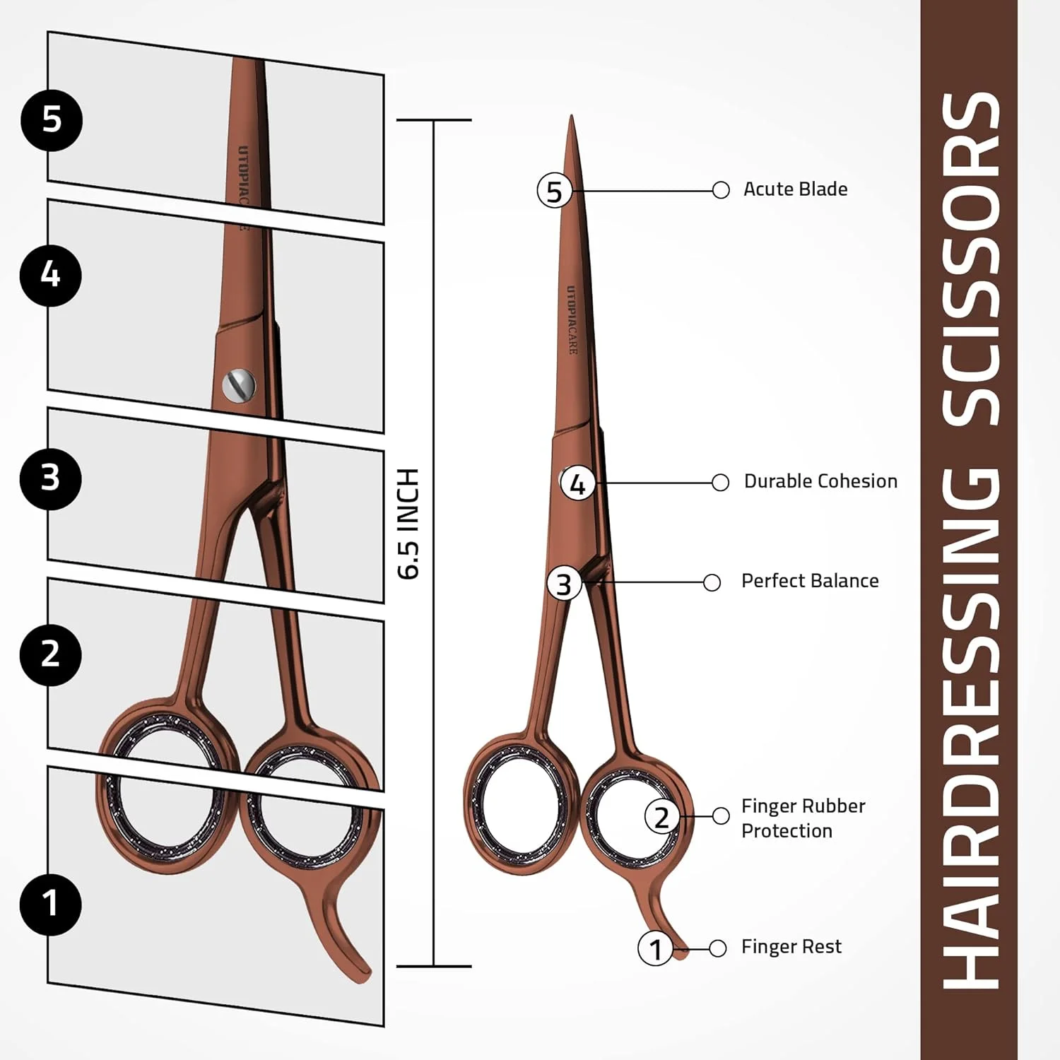 قیچی آرایشگری و پیرایش مو یوتوپیا کر، 6.5 اینچ، قیچی استیل ضد زنگ ممتاز با تیغه های صاف و لبه تیز، برای سالن ها، آرایشگران حرفه ای، برنزی