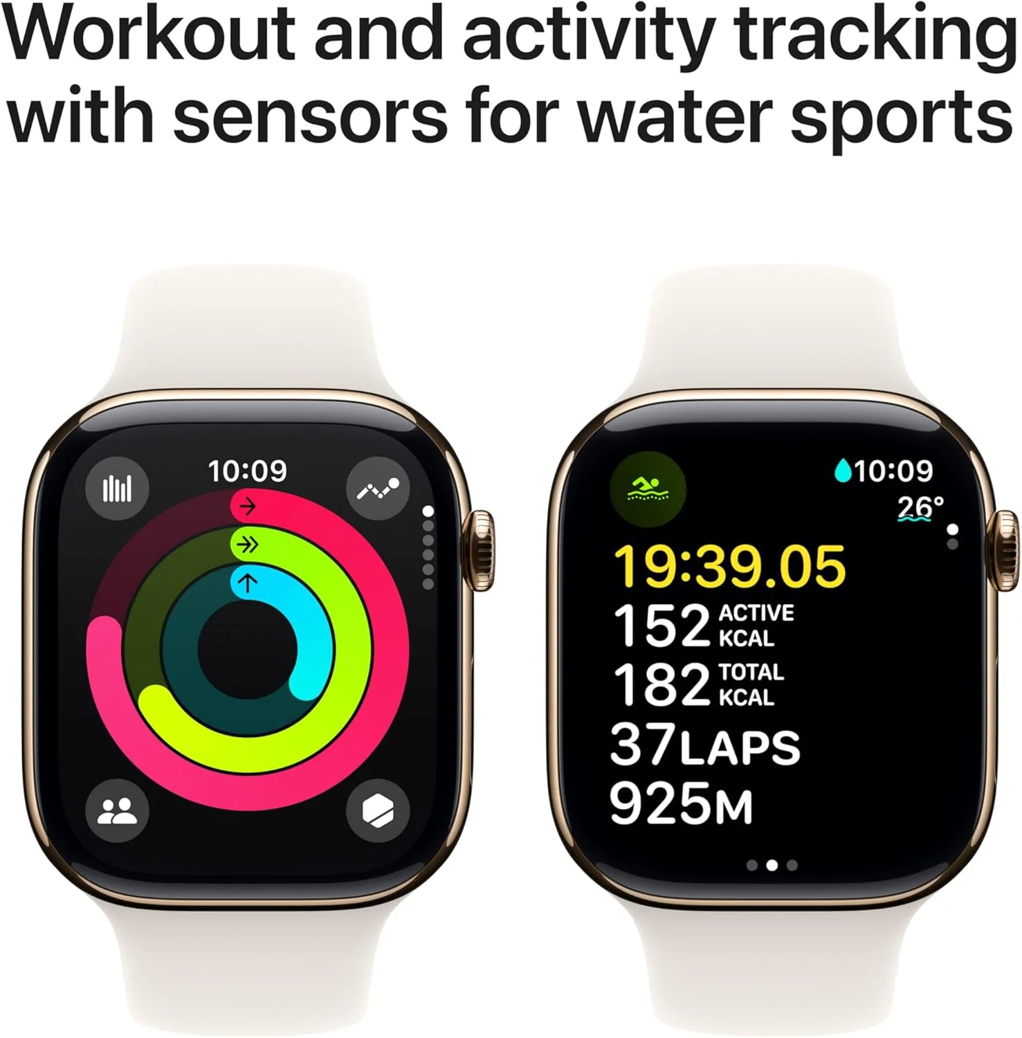 ساعت هوشمند اپل واچ سری 10 GPS + Cellular سایز 46 میلی‌متری با بدنه تیتانیومی طلایی و بند اسپورت استارلایت - M/L. ردیاب تناسب اندام، برنامه ECG، نمایشگر همیشه روشن رتینا، مقاوم در برابر آب