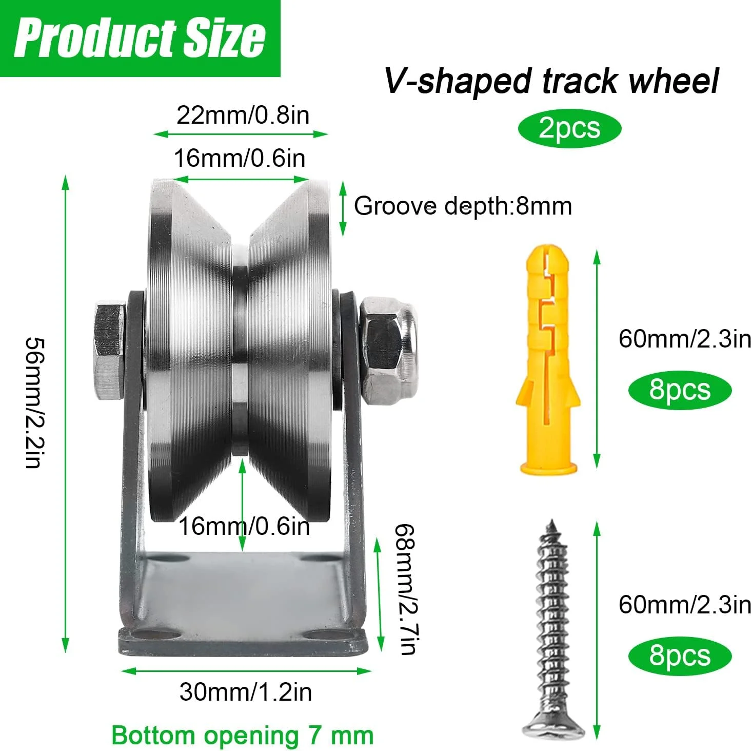 بسته 2 عددی قرقره های V-شکل با بلبرینگ، قرقره طناب های فولادی برای دروازه های کشویی، قرقره جرثقیل بالابر استیل ضد زنگ 304 به قطر 61 میلی متر، پیچ ها با ظرفیت بار 180 کیلوگرم، برای بلبرینگ، درب غلتکی