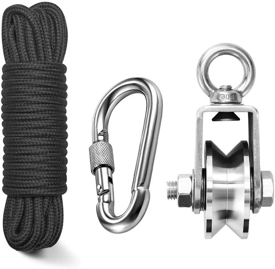 بلوک قرقره جرثقیل استیل ضد زنگ 48 میلی متری TooTaci، سیستم قرقره سنگین برای بلند کردن، بلوک قرقره تکی قلاب گردان نوع V با طناب قرقره نایلونی 1/4 اینچی 33 فوتی و 1 عدد قلاب کارابین با قفل