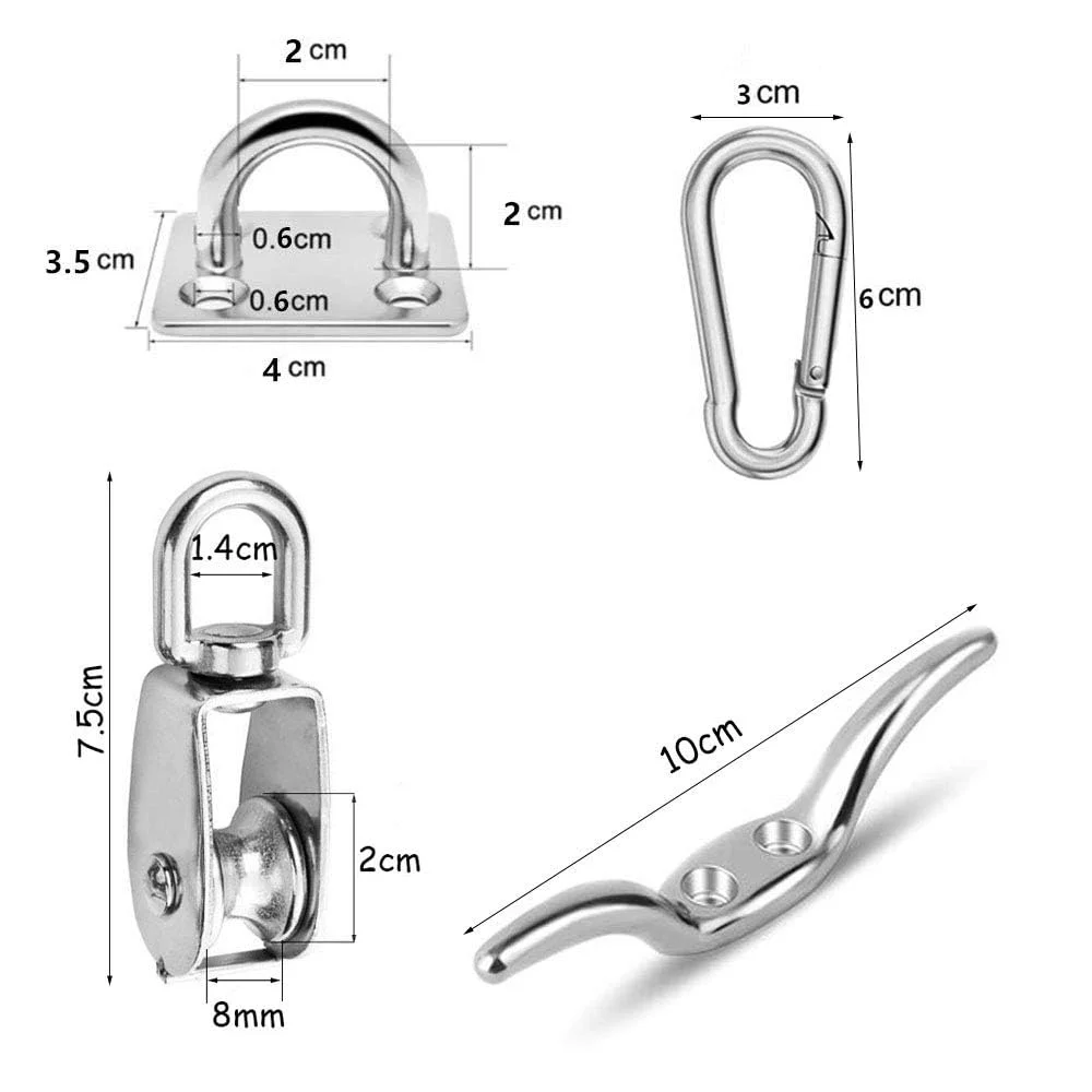 بلوک قرقره جرثقیل TooTaci M20، جرثقیل بالابر با قلاب چرخشی، چرخ بکسل سیم آویز تکی، استیل ضد زنگ 304 با قرقره نایلونی، طناب و کارابین، صفحه چشم بیضی، قلاب های گیره