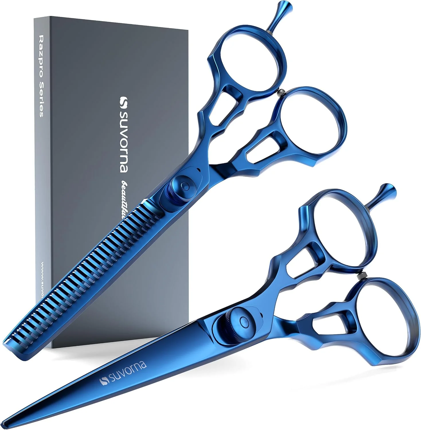 ست قیچی آرایشگری 5.5 اینچی سوورنا - قیچی های پیتاژ - روکش تیتانیوم آبی - قیچی های حرفه ای تیغه ای - قیچی های پیتاژ/کوتاهی مو استیل ضد زنگ ژاپنی برای آرایشگران/سالن ها/زنان/مردان ست قیچی آرایشگری 5.5 اینچی سوورنا - قیچی های پیتاژ - روکش تیتانیوم آبی - قیچی های حرفه ای تیغه ای - قیچی های پیتاژ/کوتاهی مو استیل ضد زنگ ژاپنی برای آرایشگران/سالن ها/زنان/مردان