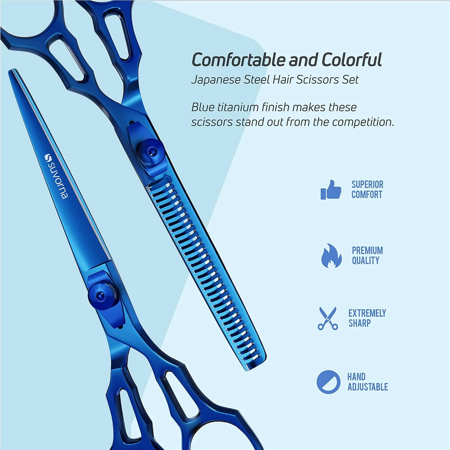 ست قیچی آرایشگری 5.5 اینچی سوورنا - قیچی های پیتاژ - روکش تیتانیوم آبی - قیچی های حرفه ای تیغه ای - قیچی های پیتاژ/کوتاهی مو استیل ضد زنگ ژاپنی برای آرایشگران/سالن ها/زنان/مردان ست قیچی آرایشگری 5.5 اینچی سوورنا - قیچی های پیتاژ - روکش تیتانیوم آبی - قیچی های حرفه ای تیغه ای - قیچی های پیتاژ/کوتاهی مو استیل ضد زنگ ژاپنی برای آرایشگران/سالن ها/زنان/مردان