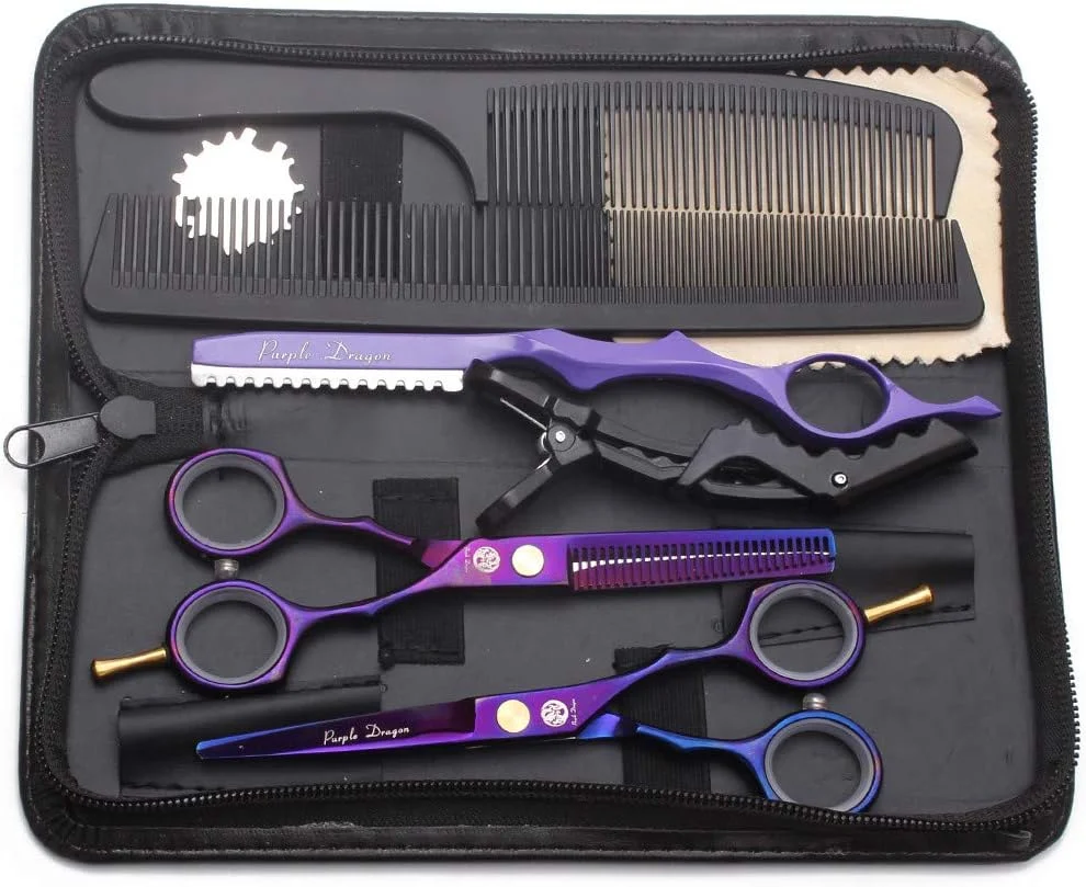 ست قیچی آرایشگری اژدهای بنفش 5.5 اینچی به همراه تیغ، کیف چرمی قیچی، قیچی آرایشگری و قیچی پیتاژ/حجم دهنده مو برای آرایشگران حرفه ای یا استفاده در منزل () ست قیچی آرایشگری اژدهای بنفش 5.5 اینچی به همراه تیغ، کیف چرمی قیچی، قیچی آرایشگری و قیچی پیتاژ/حجم دهنده مو برای آرایشگران حرفه ای یا استفاده در منزل ()