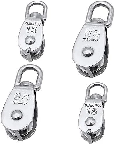 مجموعه قرقره تکی 4 عددی M25 M15، استیل ضد زنگ 304، قرقره سنگین، غلتک 360 درجه، چرخ بکسل سیم آویز تکی برای طناب یا سیم در بارگیری داخلی و خارجی 150 کیلوگرم / 35 کیلوگرم - نقره ای