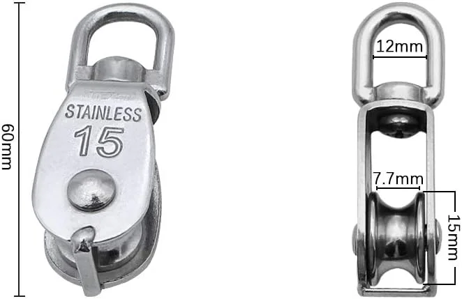 مجموعه قرقره تکی 4 عددی M25 M15، استیل ضد زنگ 304، قرقره سنگین، غلتک 360 درجه، چرخ بکسل سیم آویز تکی برای طناب یا سیم در بارگیری داخلی و خارجی 150 کیلوگرم / 35 کیلوگرم - نقره ای