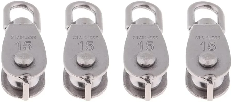 بسته چهارتایی قرقره تکی 15 میلی متری، طناب کشی، استیل ضد زنگ دریایی با چشم چرخان و یک عدد بست