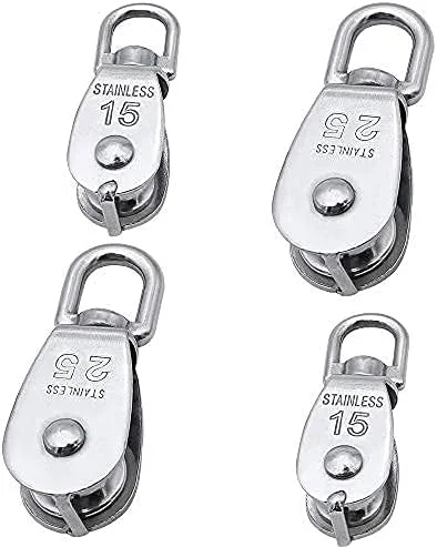 مجموعه قرقره تکی 4 عددی M25 M15، استیل ضد زنگ 304، قرقره سنگین، غلتک 360 درجه، چرخ بکسل سیم آویز تکی برای طناب یا سیم در بارگیری داخلی و خارجی 150 کیلوگرم / 35 کیلوگرم - نقره ای