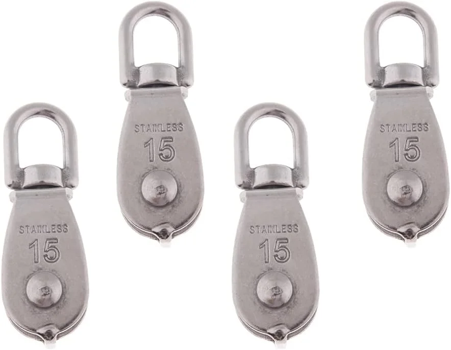 بسته چهارتایی قرقره تکی 15 میلی متری، طناب کشی، استیل ضد زنگ دریایی با چشم چرخان و یک عدد بست