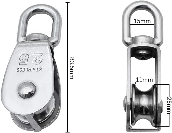 مجموعه قرقره تکی 4 عددی M25 M15، استیل ضد زنگ 304، قرقره سنگین، غلتک 360 درجه، چرخ بکسل سیم آویز تکی برای طناب یا سیم در بارگیری داخلی و خارجی 150 کیلوگرم / 35 کیلوگرم - نقره ای
