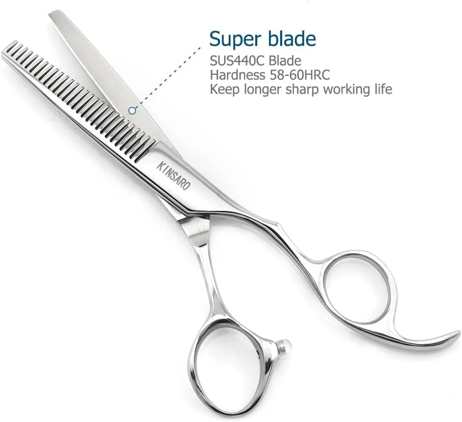 قیچی آرایشگری 14 سانتی متری KINSARO، قیچی موی حرفه ای، قیچی آرایشگری، قیچی پیتاژ، فولاد ژاپن 440C، تیغه لبه محدب نقره ای، سوراخ کور قیچی آرایشگری 14 سانتی متری KINSARO، قیچی موی حرفه ای، قیچی آرایشگری، قیچی پیتاژ، فولاد ژاپن 440C، تیغه لبه محدب نقره ای، سوراخ کور