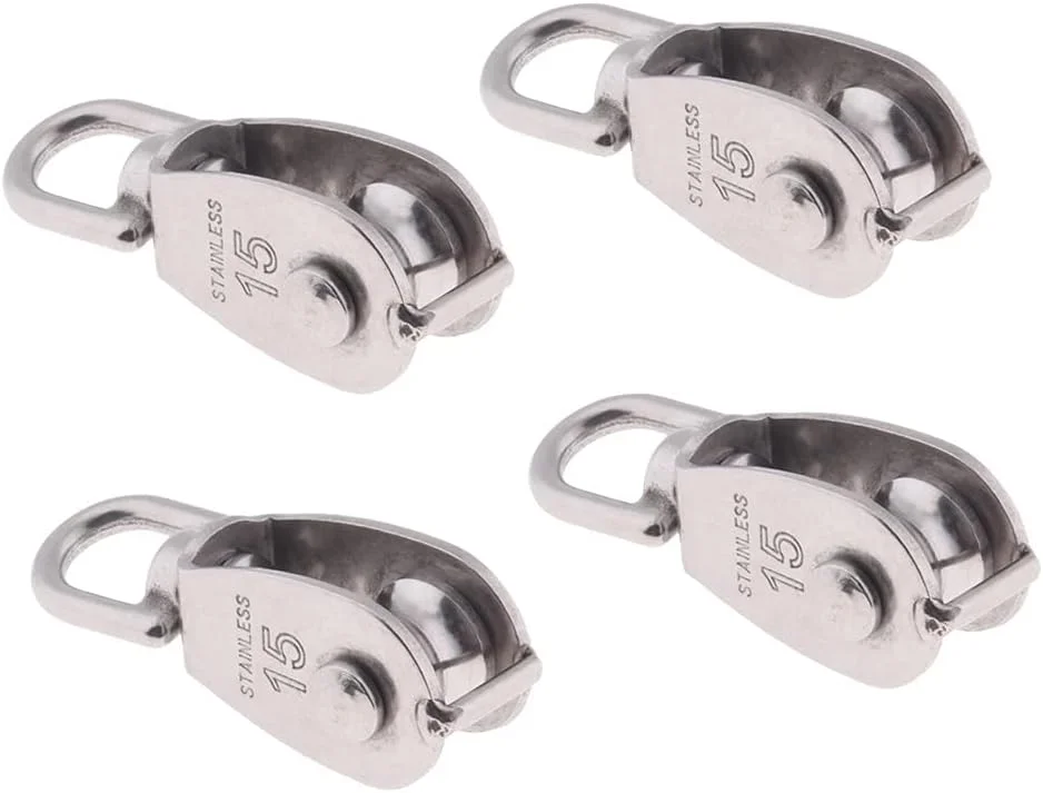 بسته چهارتایی قرقره تکی 15 میلی متری، طناب کشی، استیل ضد زنگ دریایی با چشم چرخان و یک عدد بست