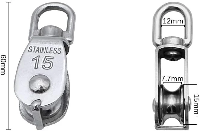 مجموعه قرقره تکی 4 عددی M25 M15، استیل ضد زنگ 304، قرقره سنگین، غلتک 360 درجه، چرخ بکسل سیم آویز تکی برای طناب یا سیم در بارگیری داخلی و خارجی 150 کیلوگرم / 35 کیلوگرم - نقره ای