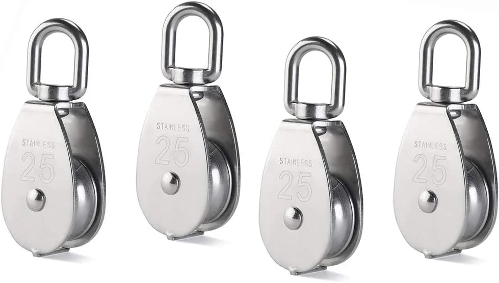 بسته چهارتایی قرقره تکی M25، قرقره استیل ضد زنگ 304 Creatiee، قرقره جرثقیل با قلاب گردان و سیم بکسل صاف، ظرفیت بارگیری 150 کیلوگرم