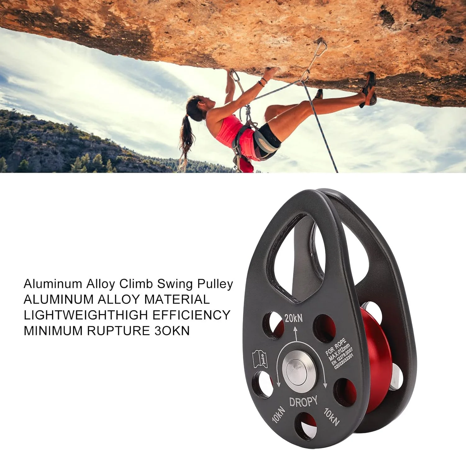 قرقره صعود ساده، قرقره صعود چشمی ثابت آلومینیومی 20KN، قرقره بلبرینگ صعود برای صخره نوردی، فرود، ورزش های زیپ لاین و غیره.