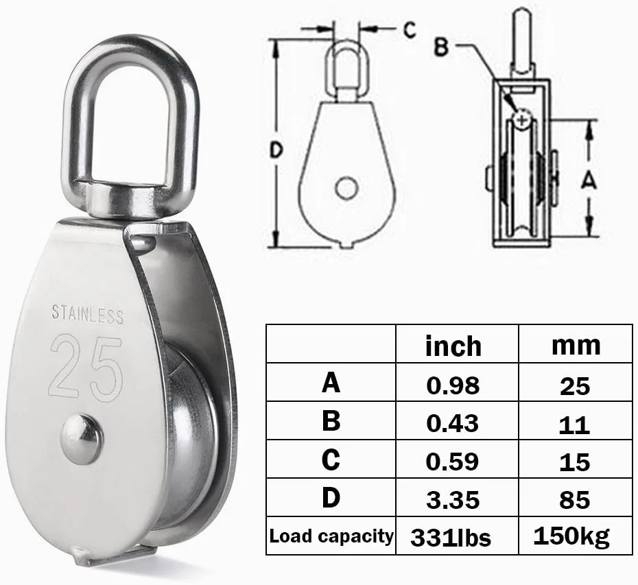بسته چهارتایی قرقره تکی M25، قرقره استیل ضد زنگ 304 Creatiee، قرقره جرثقیل با قلاب گردان و سیم بکسل صاف، ظرفیت بارگیری 150 کیلوگرم