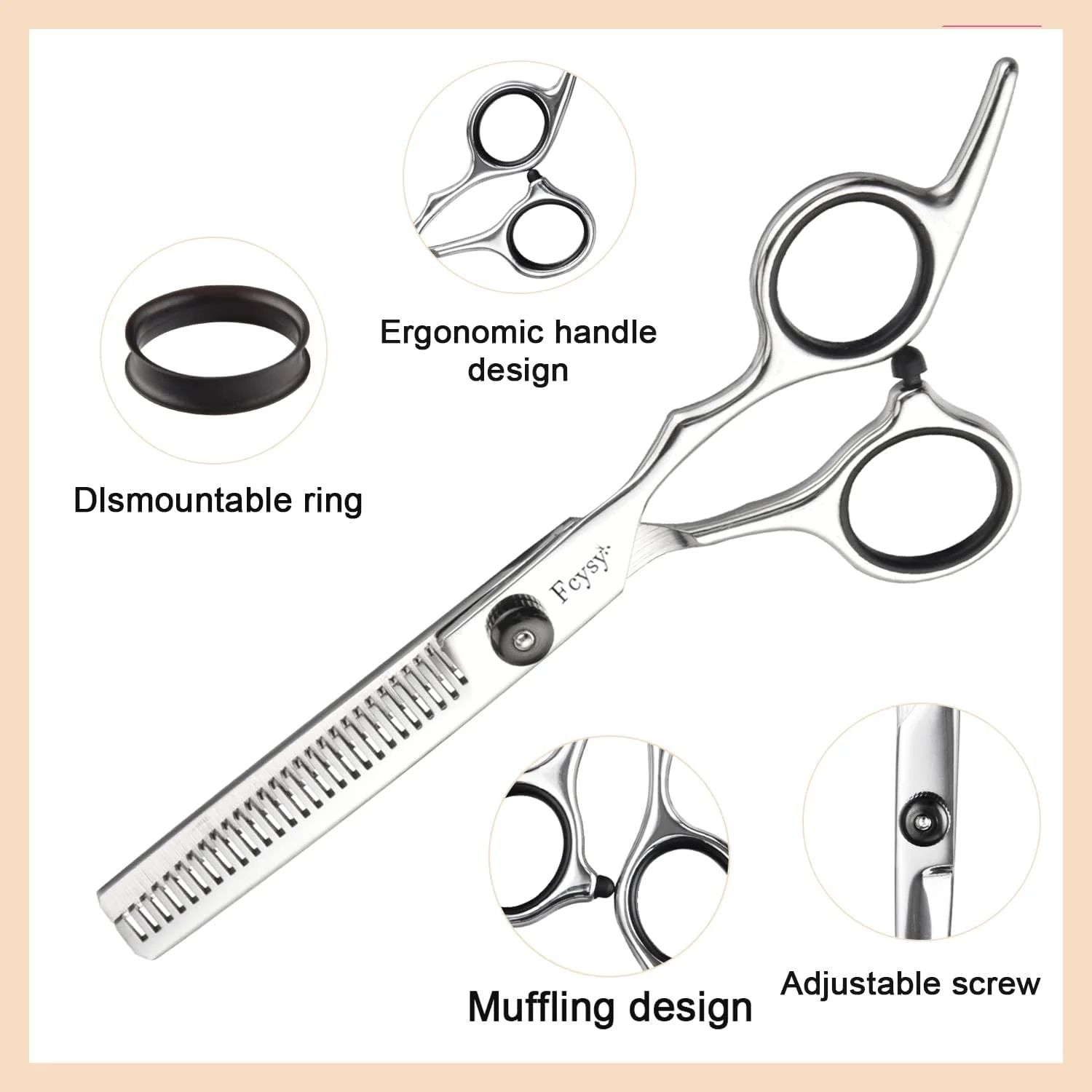 قیچی پیتاژ حرفه ای مو Fcysy، 6 اینچ، قیچی بافت دهنده آرایشگری، استیل ضد زنگ نقره ای، دو طرفه، 1 عدد