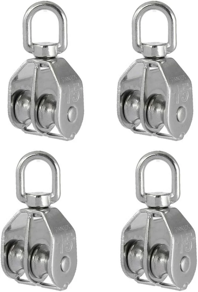 Rocaris بسته 4 عددی قرقره دوبل جرثقیل طناب سیمی فولاد ضد زنگ M15، قرقره تکی قلاب گردان جرثقیل بالابر، چرخ یدک کش سیم آویز