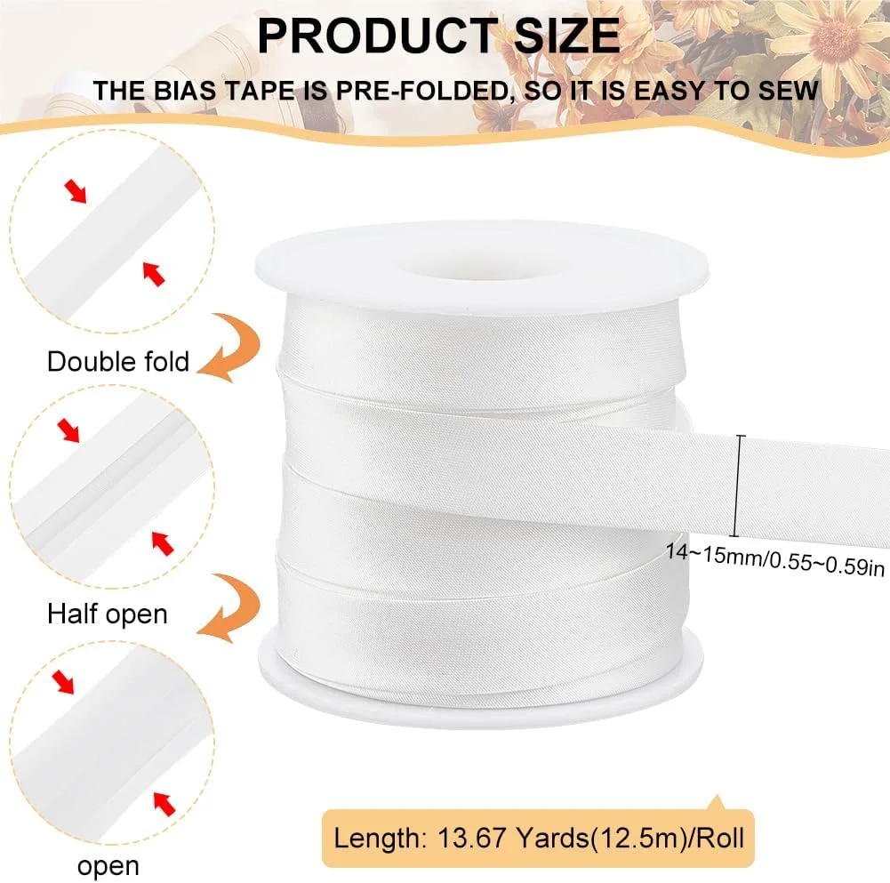 نوار اریب ساتن BENECREAT، 12.5 متری، عرض 15 میلی متر، نوار مغزی ساتن تاشو دوبل برای تزئینات چیونگسام، لبه دوزی لباس، سفید نوار اریب ساتن BENECREAT، 12.5 متری، عرض 15 میلی متر، نوار مغزی ساتن تاشو دوبل برای تزئینات چیونگسام، لبه دوزی لباس، سفید