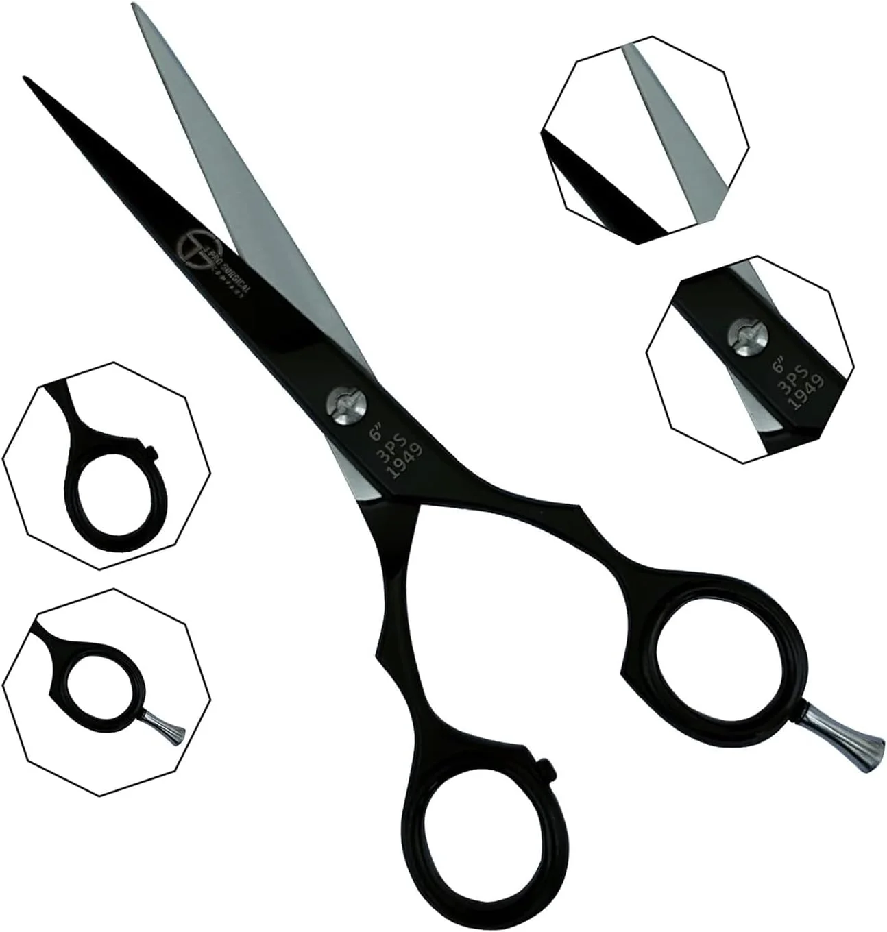 قیچی 6 اینچی مشکی مدرن جراحی 3Pro برای کوتاهی، حالت دهی، مرتب کردن و پیرایش مو