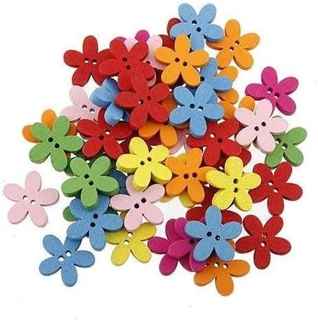 100 عدد دکمه چوبی طرح گل با رنگ های مختلف، 2 سوراخ، مناسب خیاطی، کاردستی و اسکرپ بوک