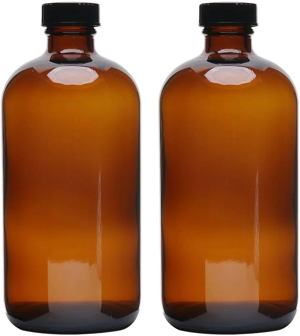 FUFU Amber Glass Bottles - 250ml Amber Glass Boston Round Bottles for Essential Oil Blends Bathroom Shampoo Lotion Container Lab Reagent Bottles with Lid 2 Pcs (500ML)
