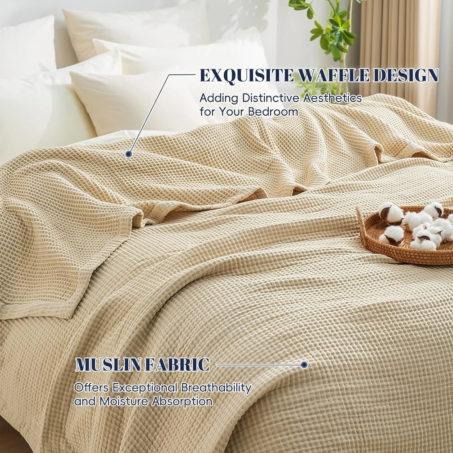 پتوی دو رو وافل و موسلین PHF، 100% پنبه، 400GSM، سایز کینگ 264x228 سانتی متر، تنفس پذیر، سبک و نرم، پتوی لوکس طرح وافل گازی برای دکوراسیون منزل، هدیه ای ایده آل، بلوطی