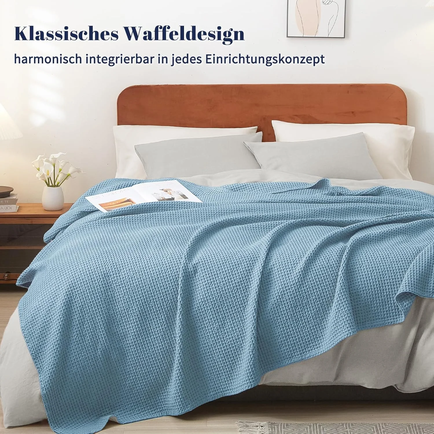 پتوی وافل 100% پنبه PHF، پتوی نرم و لطیف، 230 در 270 سانتی متر، سبک و قابل تنفس، ایده آل برای تابستان، دارای گواهینامه Oeko-Tex®، کیفیت پارچه هتلی، ایده آل برای مبل، کاناپه، تخت، آبی دودی