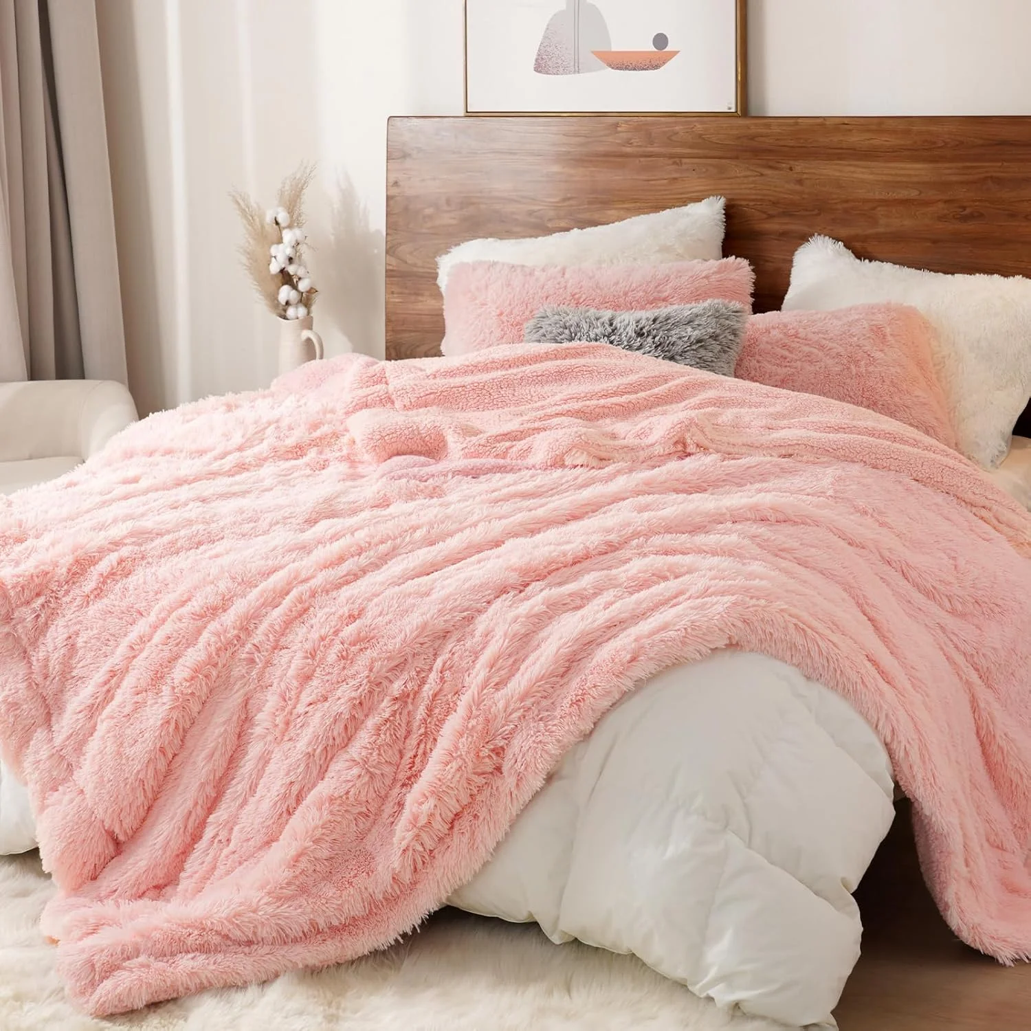 پتوی دو نفره لوکس و پشمالوی PHF با خز مصنوعی، پتوی نرم و کرکی، پتوی گرم و ضخیم برای مبل، تخت، صندلی، کاناپه، پتوی شیک و خزدار برای دکوراسیون منزل، صورتی، 152cm x 203cm