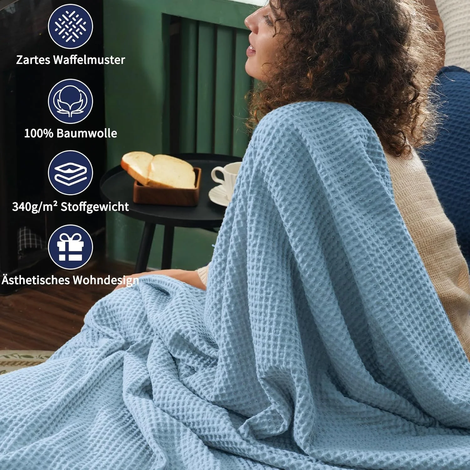 پتوی وافل 100% پنبه PHF، پتوی نرم و لطیف، 230 در 270 سانتی متر، سبک و قابل تنفس، ایده آل برای تابستان، دارای گواهینامه Oeko-Tex®، کیفیت پارچه هتلی، ایده آل برای مبل، کاناپه، تخت، آبی دودی