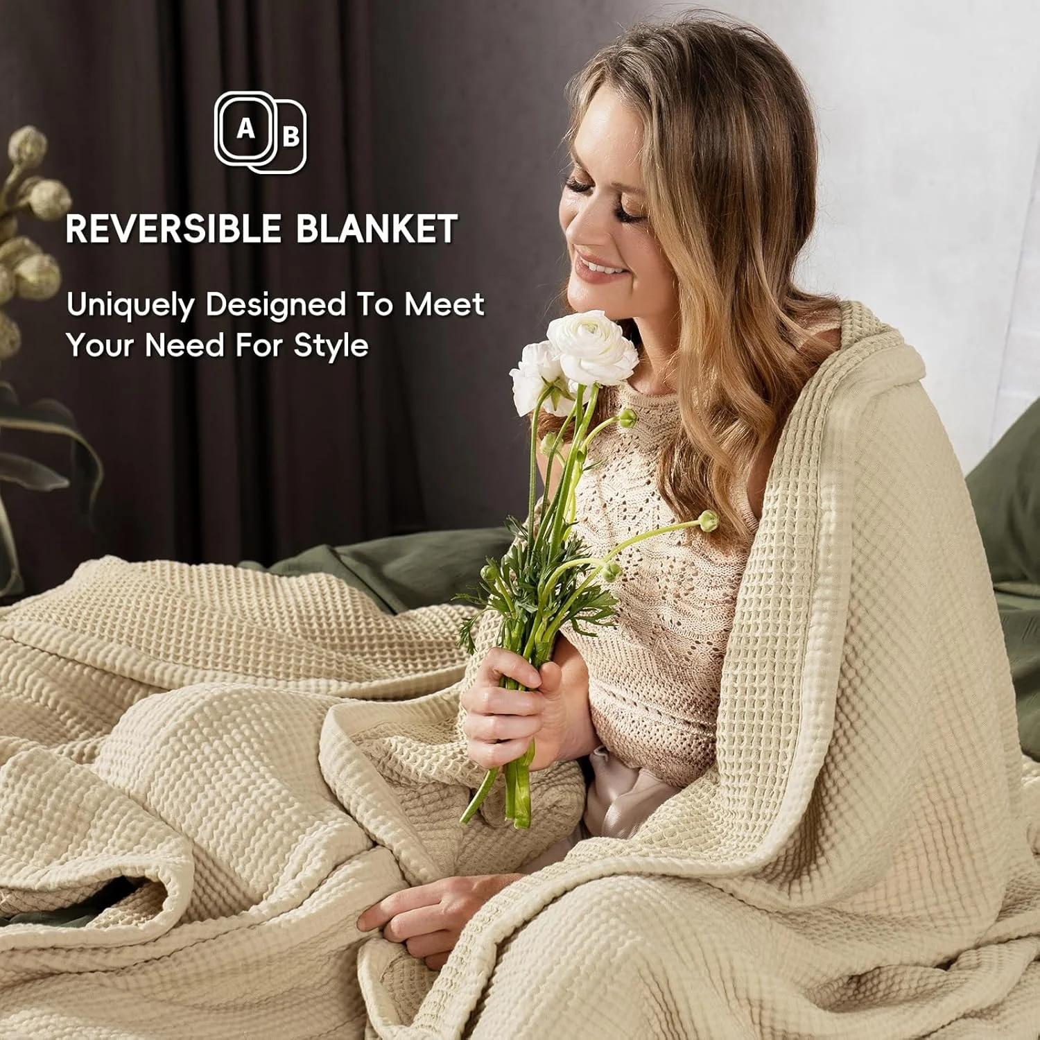 پتوی دو رو وافل و موسلین PHF، 100% پنبه، 400GSM، سایز کینگ 264x228 سانتی متر، تنفس پذیر، سبک و نرم، پتوی لوکس طرح وافل گازی برای دکوراسیون منزل، هدیه ای ایده آل، بلوطی