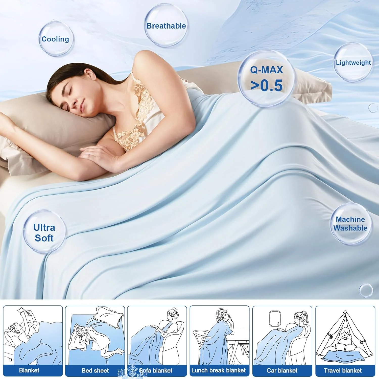 پتوی خنک کننده دو طرفه PHF سایز کینگ، فوق العاده نرم Arc-Chill Q-Max>0.5، نازک، تک لایه مناسب فصل تابستان برای افراد گرمایی، سبک وزن و قابل حمل، ابریشمی مناسب منزل، محل کار، مسافرت و خودرو، آبی یخی