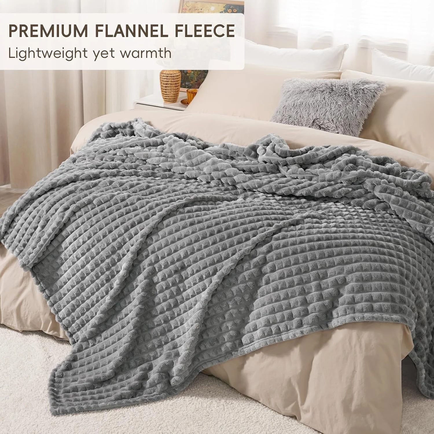 پتوی پشمی PHF سایز کینگ مناسب تخت - 380GSM فوق العاده نرم و گرم برای پاییز و زمستان، بدون پرز شدن، بدون ریزش، پتوی پلاس نرم و سبک وزن سه بعدی تزئینی مناسب مبل، 274x228 سانتی متر، رنگ پوست کوسه