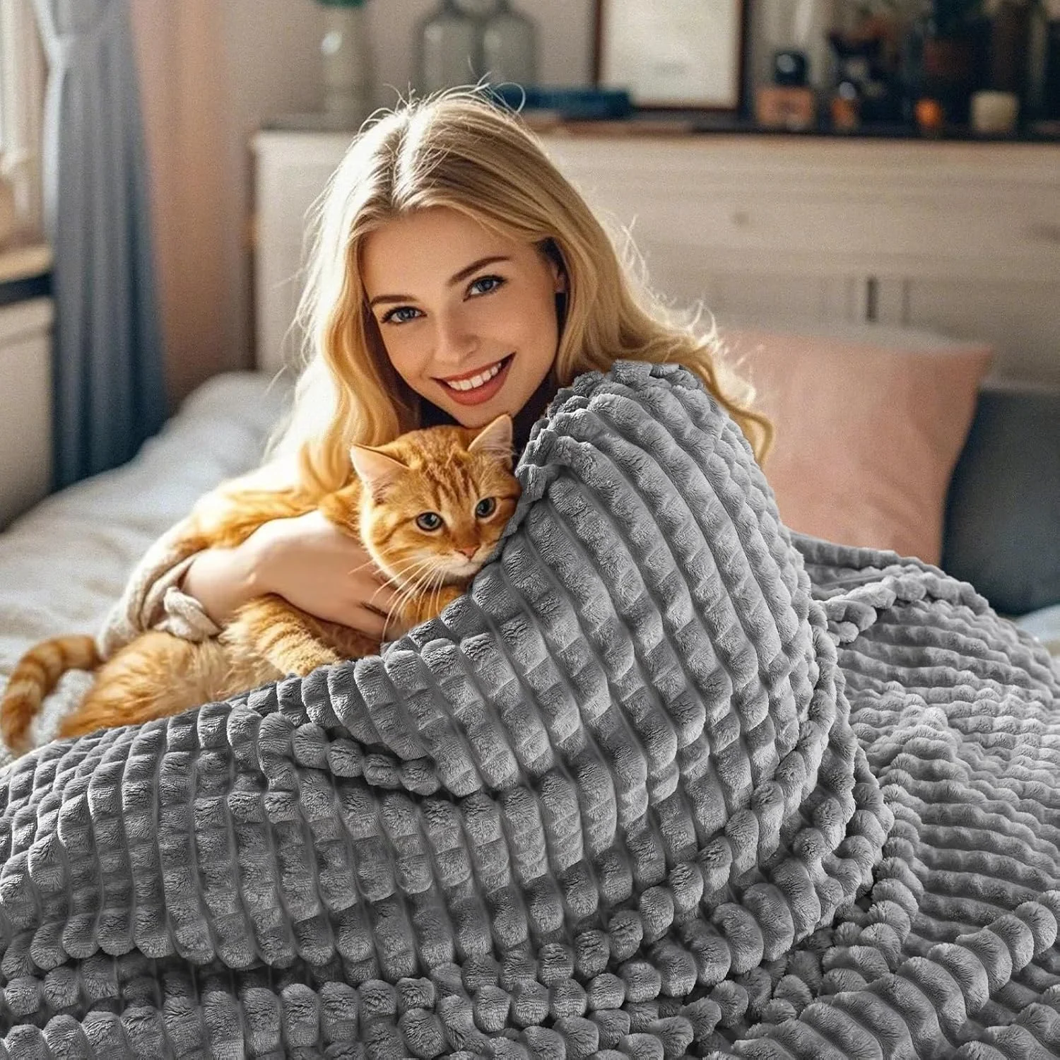 پتوی پشمی PHF سایز کینگ مناسب تخت - 380GSM فوق العاده نرم و گرم برای پاییز و زمستان، بدون پرز شدن، بدون ریزش، پتوی پلاس نرم و سبک وزن سه بعدی تزئینی مناسب مبل، 274x228 سانتی متر، رنگ پوست کوسه