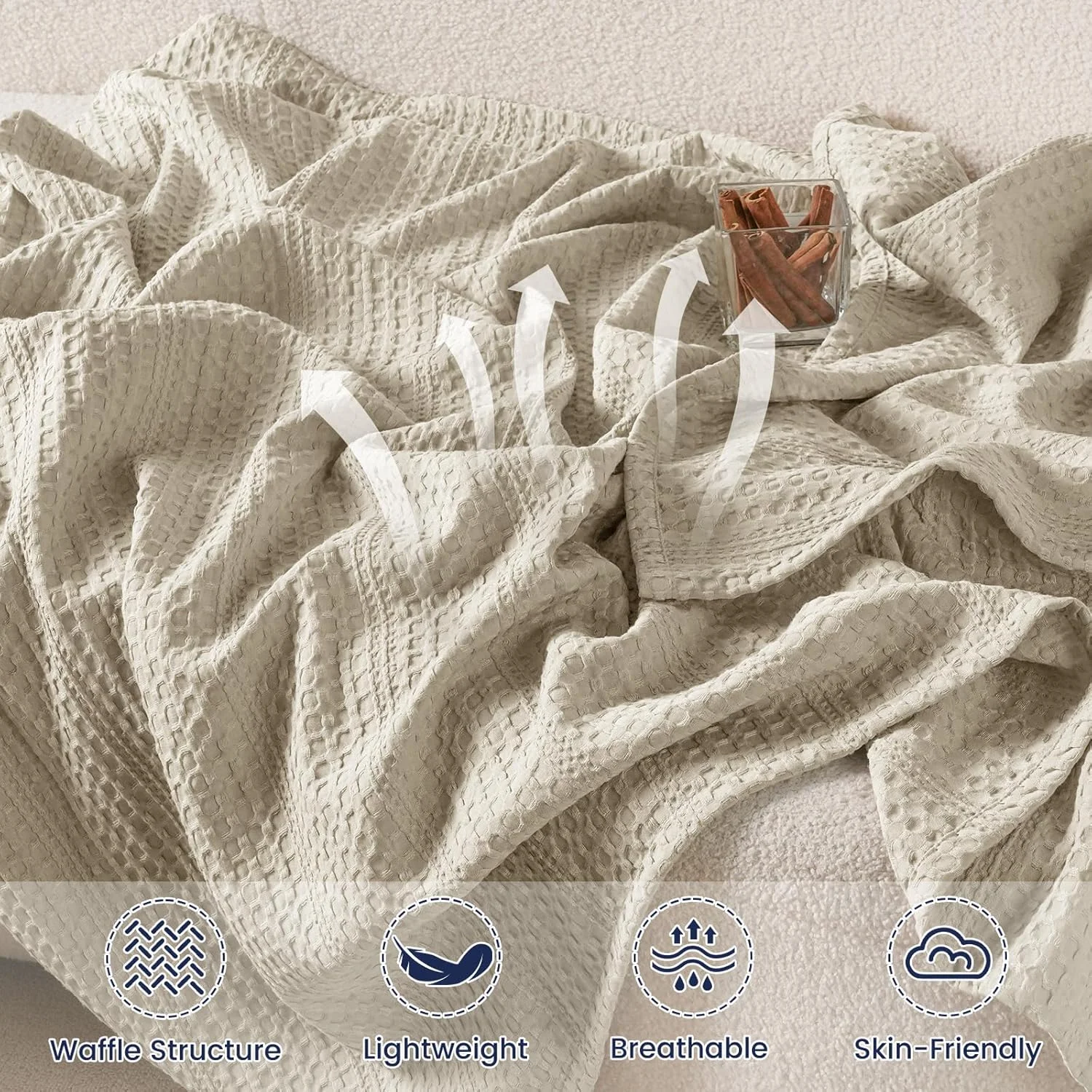 پتوی وافل سبک و تنفسی PHF سایز کینگ 264x228 سانتی‌متر، پتوی بافت نرم تابستانی برای افراد گرمایی - دکوراسیون زیبای منزل برای تخت مبل، مناسب حیوانات خانگی، طبیعی/کتانی