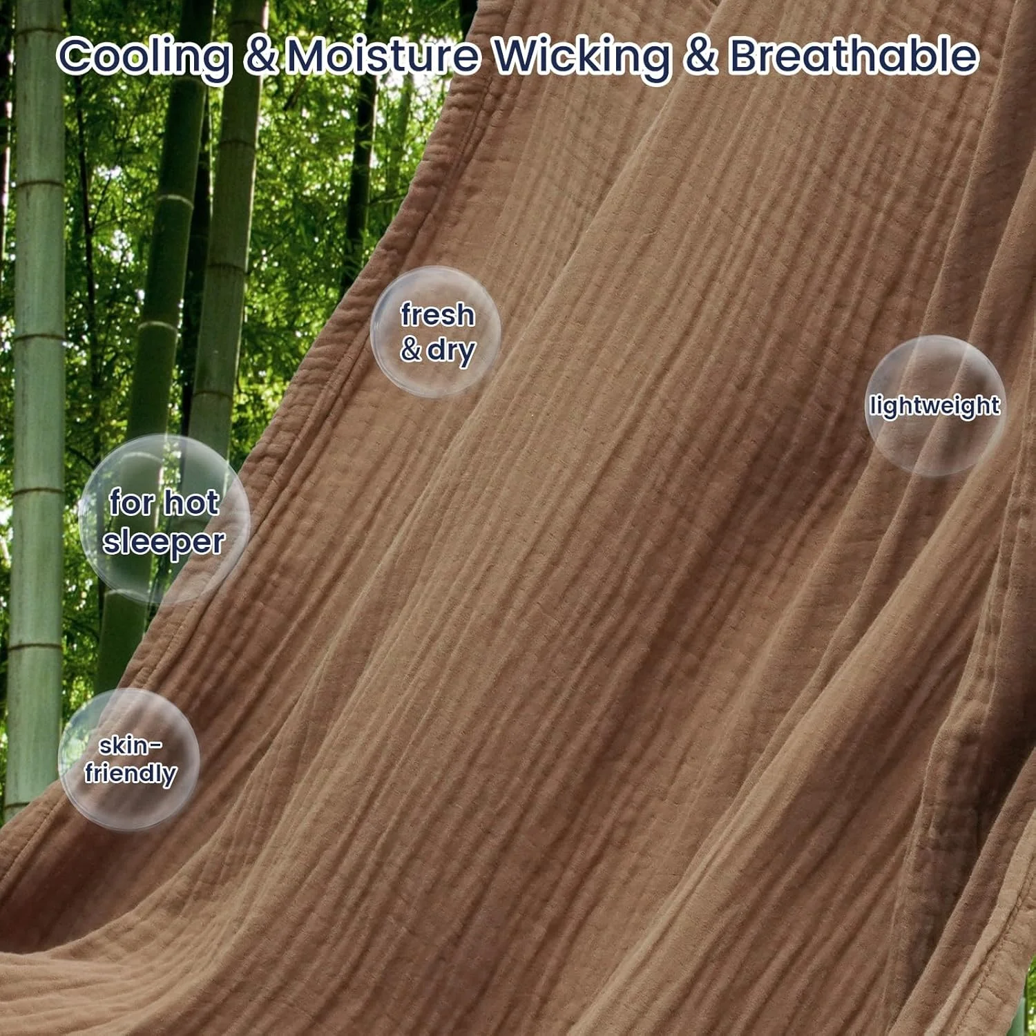 پتوی خنک کننده موسلین PHF سایز کوئین مناسب افراد گرمایی، 60% ریون تهیه شده از بامبو، 40% پتوی نخی برای تابستان، پتوی توری تنفسی 4 لایه برای تخت مبل، 228x228 سانتی متر، قهوه ای