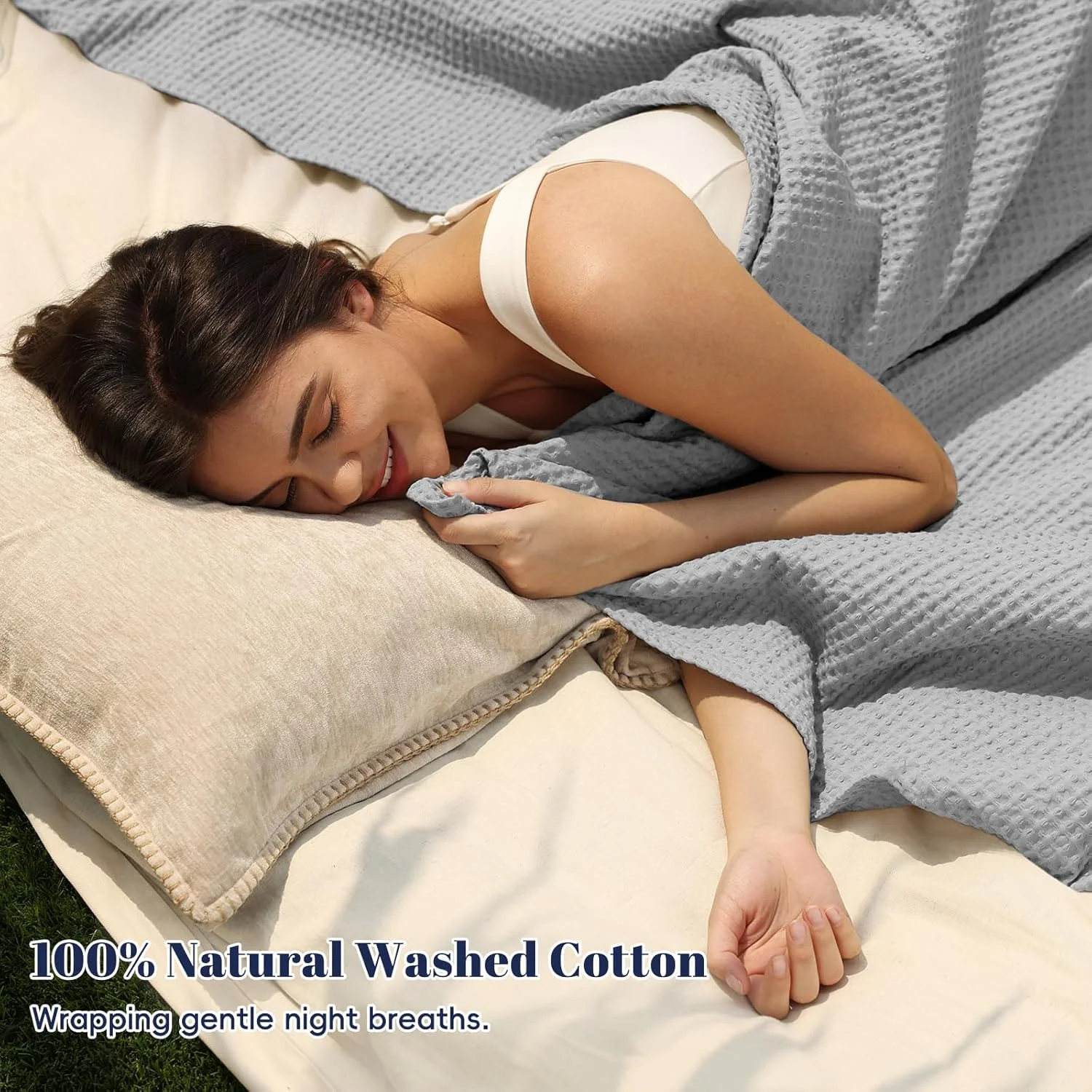 پتوی بافتنی وافل پنبه‌ای 100% PHF برای تزئینات منزل - نرم، راحت، تنفس‌پذیر و جذب‌کننده رطوبت برای تمام فصول - مناسب برای تخت، مبل، کاناپه سایز کوئین (225x225 سانتی‌متر) خاکستری روشن