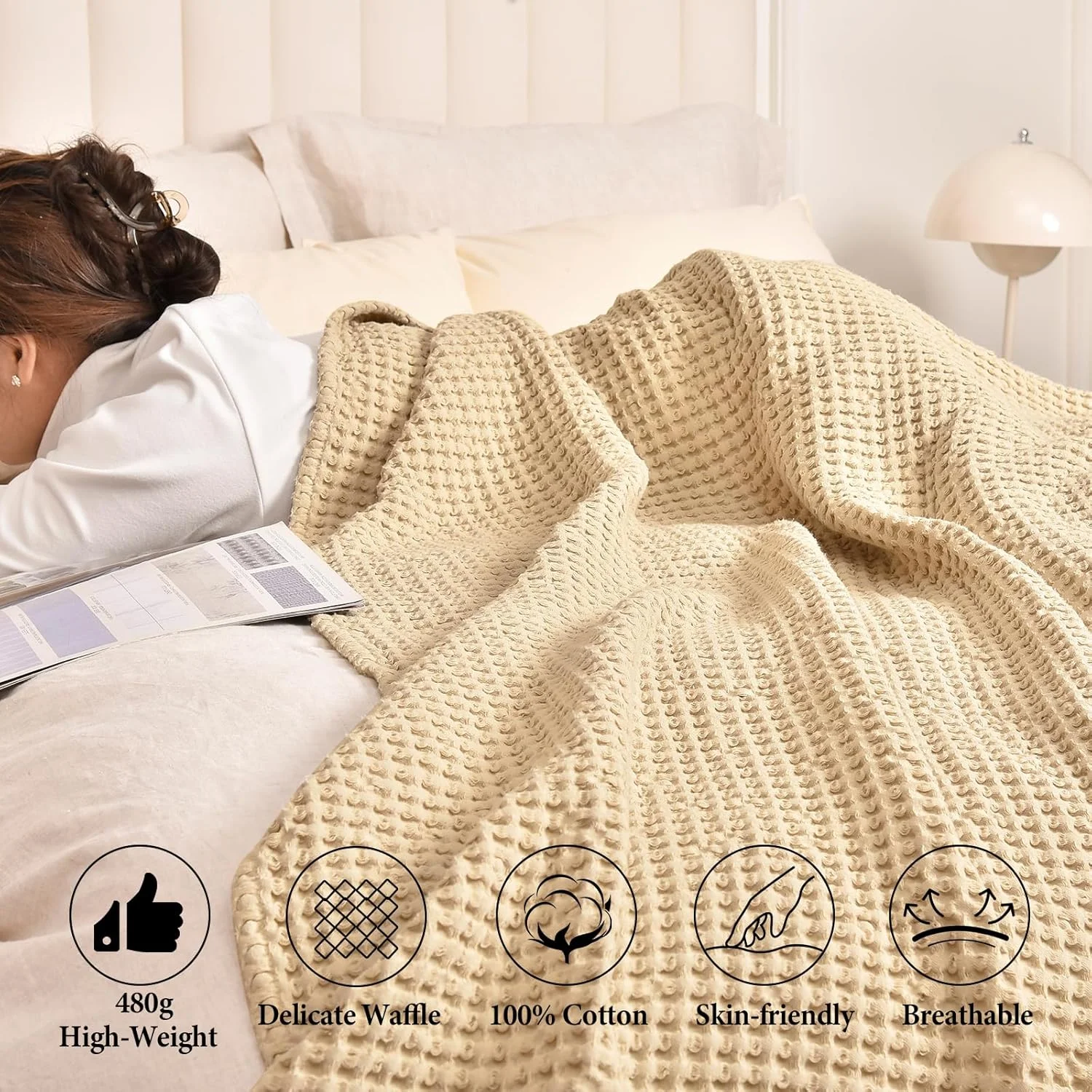 پتوی وافل بافته شده PHF، 400GSM، 100% پنبه شسته شده، نرم و لطیف، سایز کینگ مناسب تمام فصول، روانداز لوکس پاییزی برای تخت، مبل و کاناپه، دکوراسیون شیک منزل، بژ، 264x228 سانتی متر