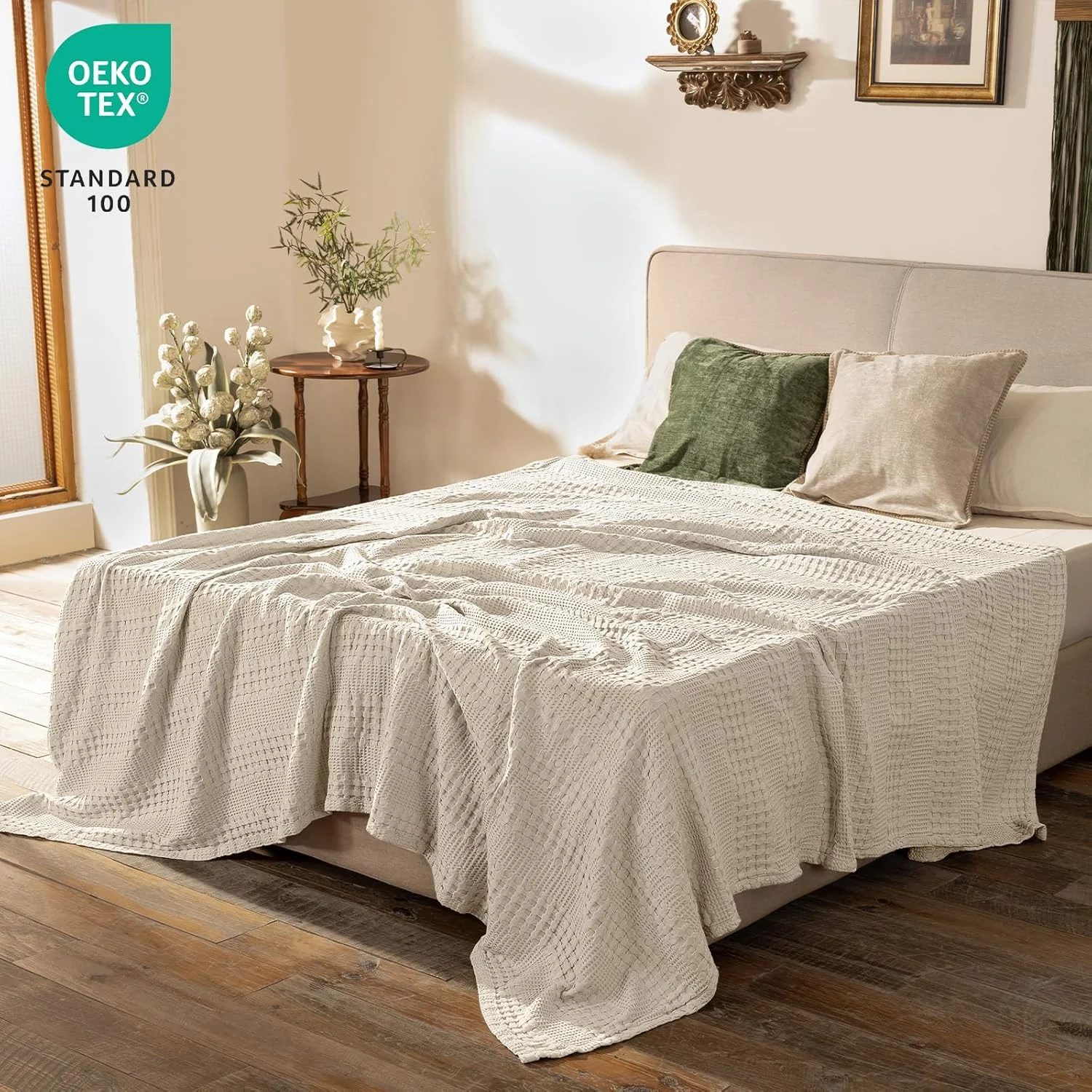 پتوی وافل خنک کننده PHF سایز کوئین، سبک وزن، 60% ریون مشتق شده از بامبو و 40% پنبه، پتوی تنفسی برای افراد گرمایی، نرم و لوکس برای تخت، مبل و کاناپه، 90"x90"، رنگ لنین