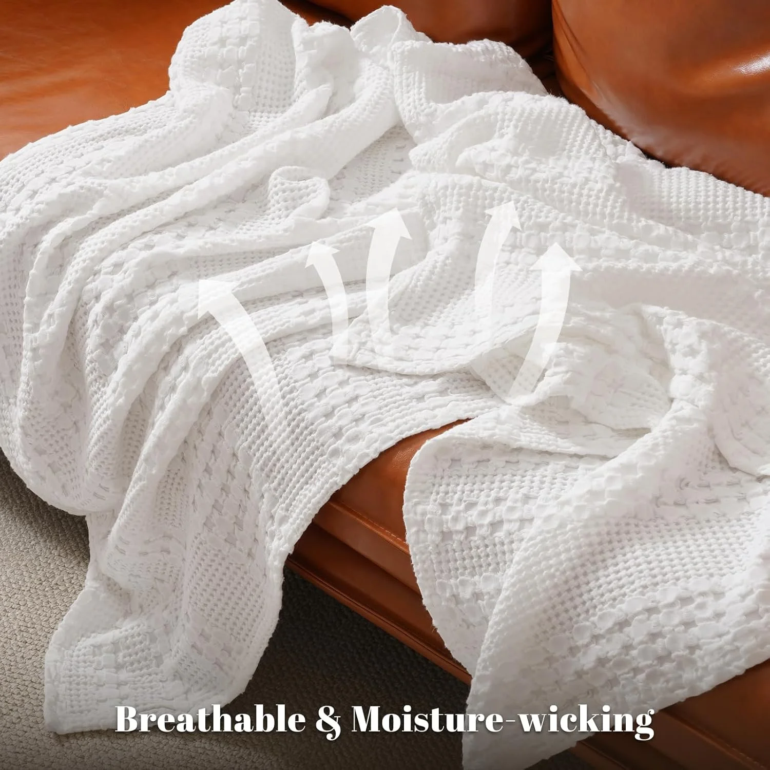 پتوی وافل 100% پنبه PHF سایز کینگ، 274x228 سانتی‌متر، پتوی بافت وافل نرم از قبل شسته شده برای تمام فصول، پتوی سبک و قابل تنفس برای تخت، مبل، سفید