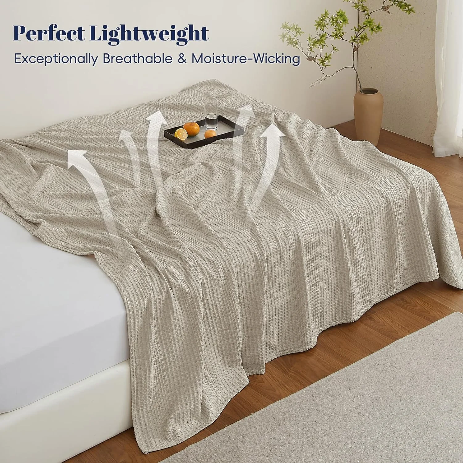 پتوی بافت وافلی سبک وزن PHF سایز یک نفره، تنفس پذیر و فوق العاده نرم، 167x228 سانتی متر، پتوی نازک نرم و راحت برای تمام فصول و افراد گرمایی، تخت، دکوراسیون منزل - رنگ طبیعی