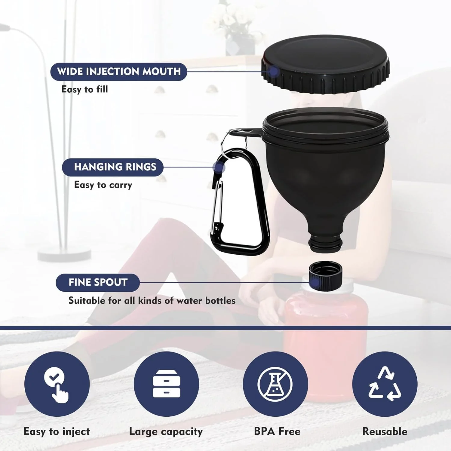 ظرف پودر پروتئین 2 عددی، ظرف مسافرتی قابل حمل پودر پروتئین، قیف پودر پروتئین، قیف بطری آب برای مخلوط کردن پودرها، جاکلیدی قیف مکمل قبل از تمرین/باشگاه (مشکی، 50 میلی لیتر)