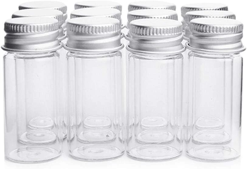 دانمو، 12 عدد بطری شیشه ای کوچک 10 میلی لیتری، شیشه های کوچک، شیشه های مینیاتوری، شیشه های شیشه ای با درب های پیچی آلومینیومی برای گیفت عروسی، گیفت سیسمونی، کاردستی DIY