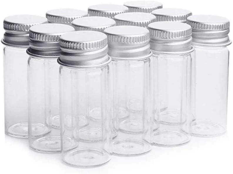 دانمو، 12 عدد بطری شیشه ای کوچک 10 میلی لیتری، شیشه های کوچک، شیشه های مینیاتوری، شیشه های شیشه ای با درب های پیچی آلومینیومی برای گیفت عروسی، گیفت سیسمونی، کاردستی DIY