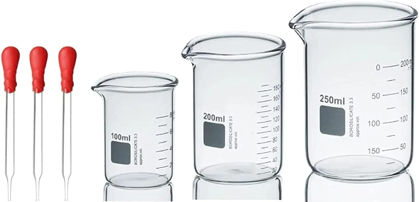 مجموعه 3 عدد بشر شیشه ای بوروسیلیکات مدرج سنگین 100 میلی لیتر، 200 میلی لیتر، 250 میلی لیتر + 3 قطره چکان شیشه ای بوروسیلیکات درجه 3.3 برای آزمایشگاه زیست شناسی شیمی