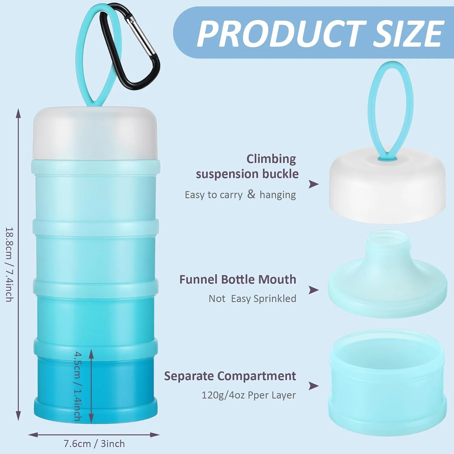 ظرف پروتئین بدرکه 2 عددی با قیف و پایه، 4 محفظه قابل انباشت ضد نشت، ظرف پودر جاکلیدی قابل حمل برای تمرین، تناسب اندام، مسافرت (آبی)